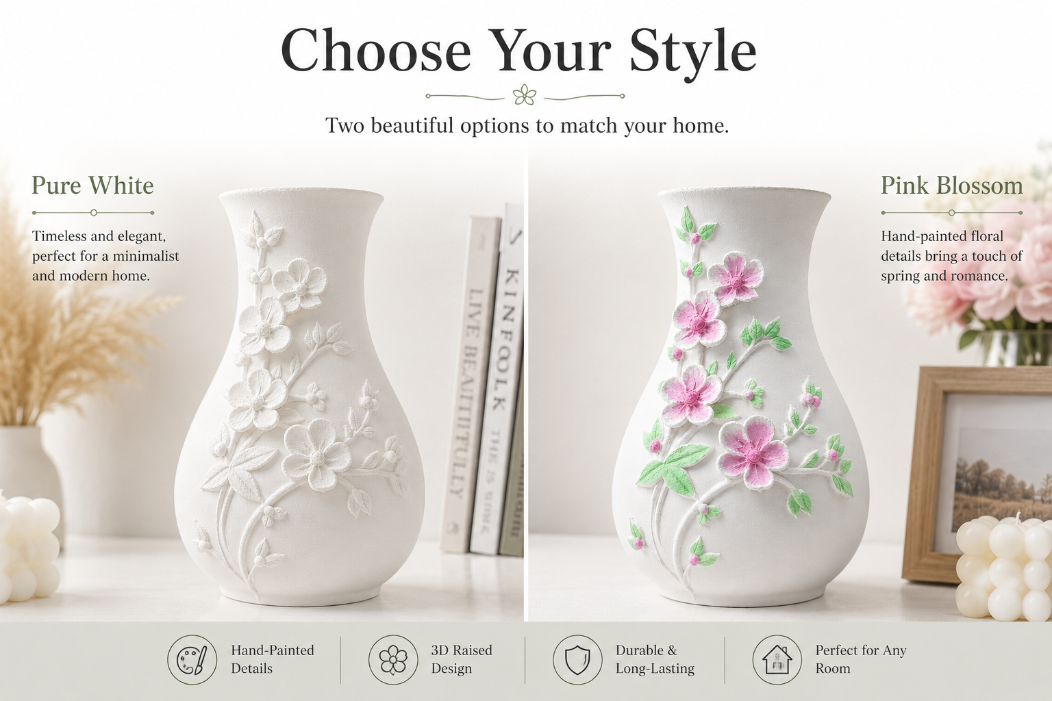 White Embossed Floral Vase, Decorative Flower Vase for Living Room and Tabletop Decor