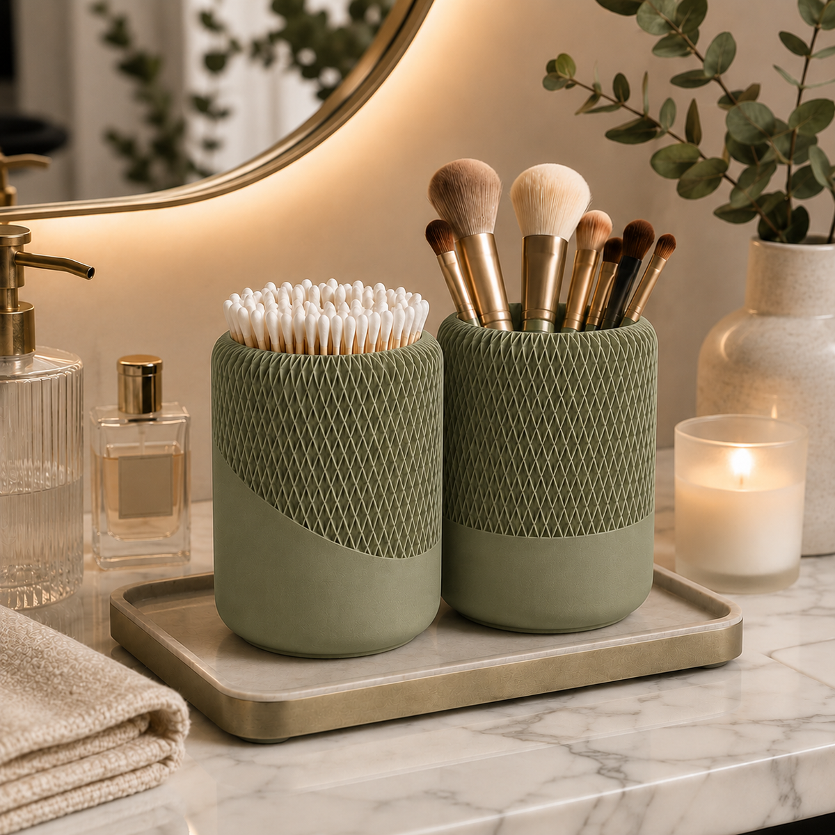 Modern Decorative Organizer Set of 2, Ribbed Vanity & Desktop Storage Cups