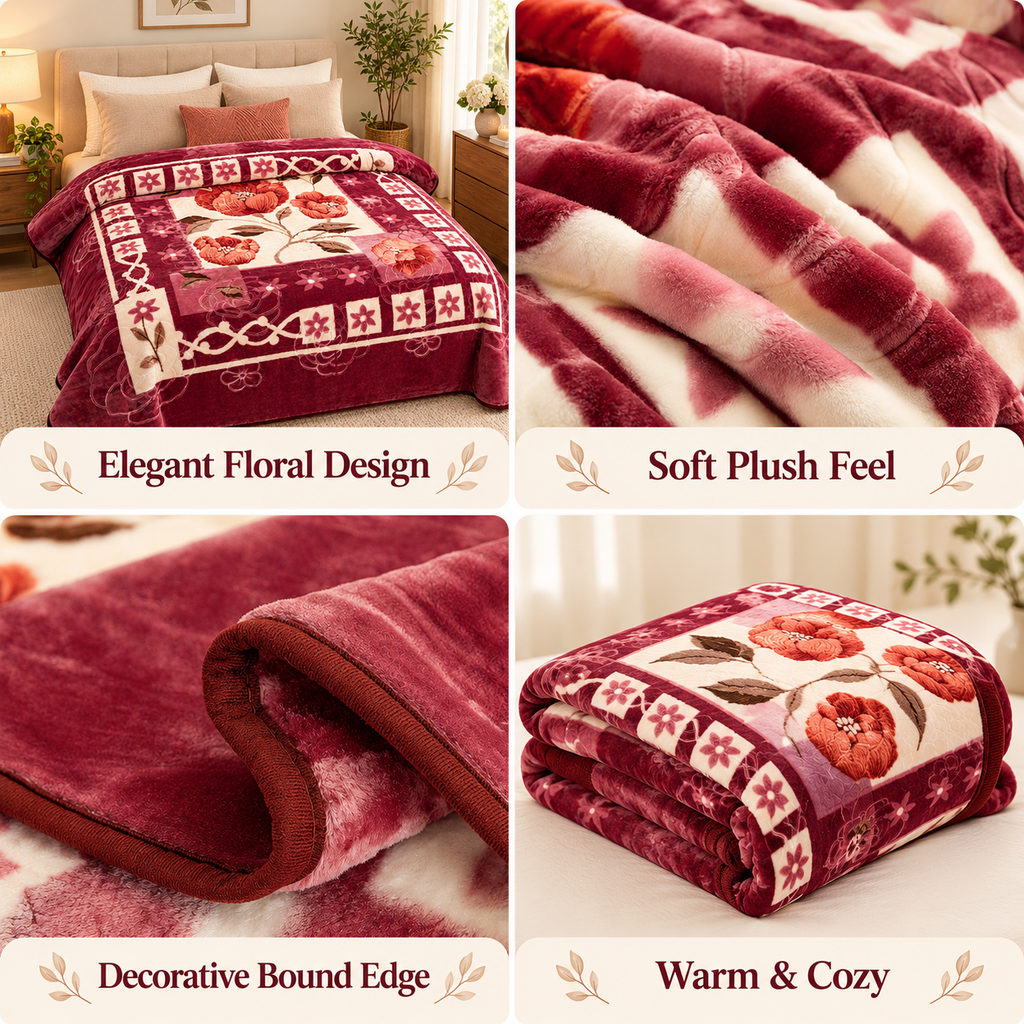 Queen Size Reversible Plush Blanket, 1 Ply Burgundy Floral Korean Mink Raschel
