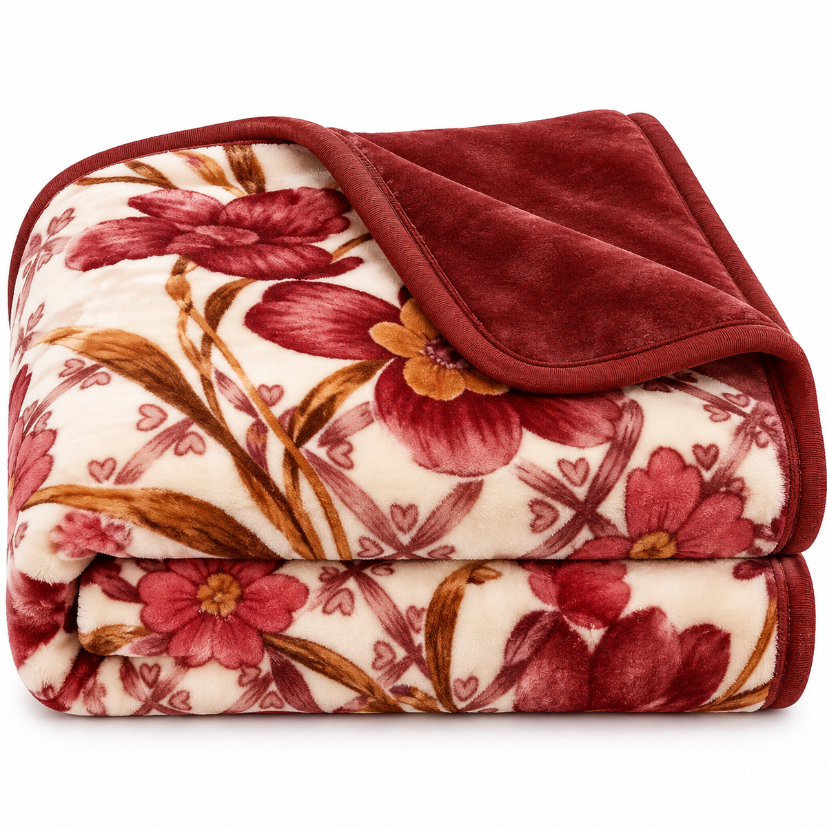 Queen Size Reversible Plush Blanket, 1 Ply Red Floral Korean Mink Raschel