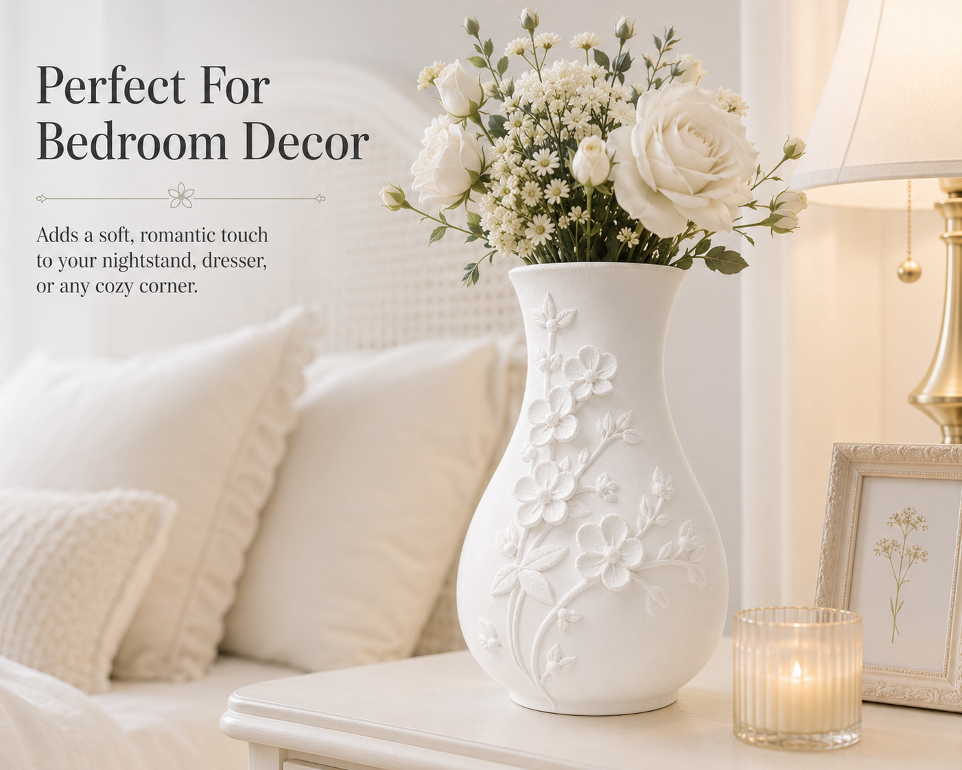 White Embossed Floral Vase, Decorative Flower Vase for Living Room and Tabletop Decor