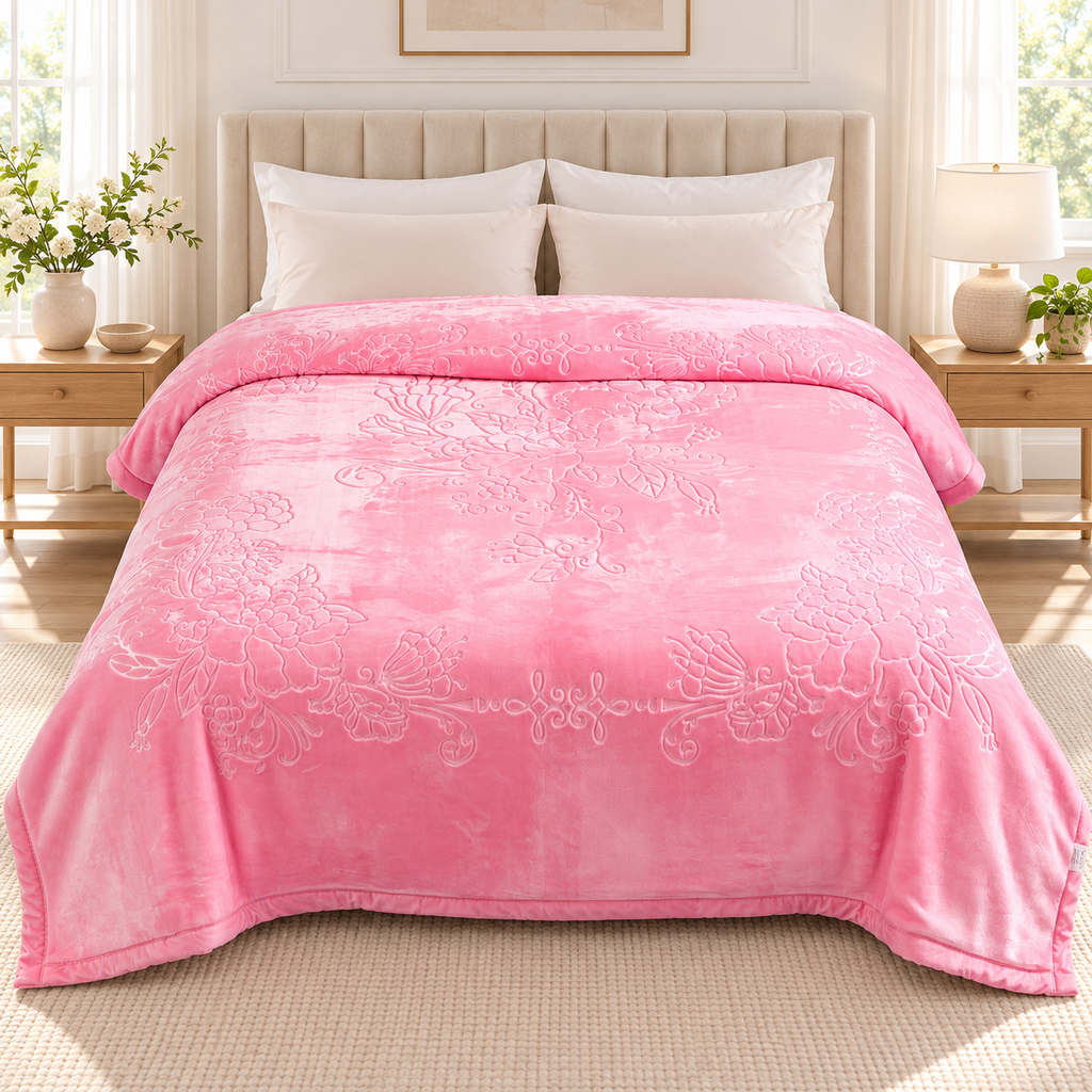 Pink King Size Plush Blanket, Super Soft 10 lb Embossed Floral Blanket