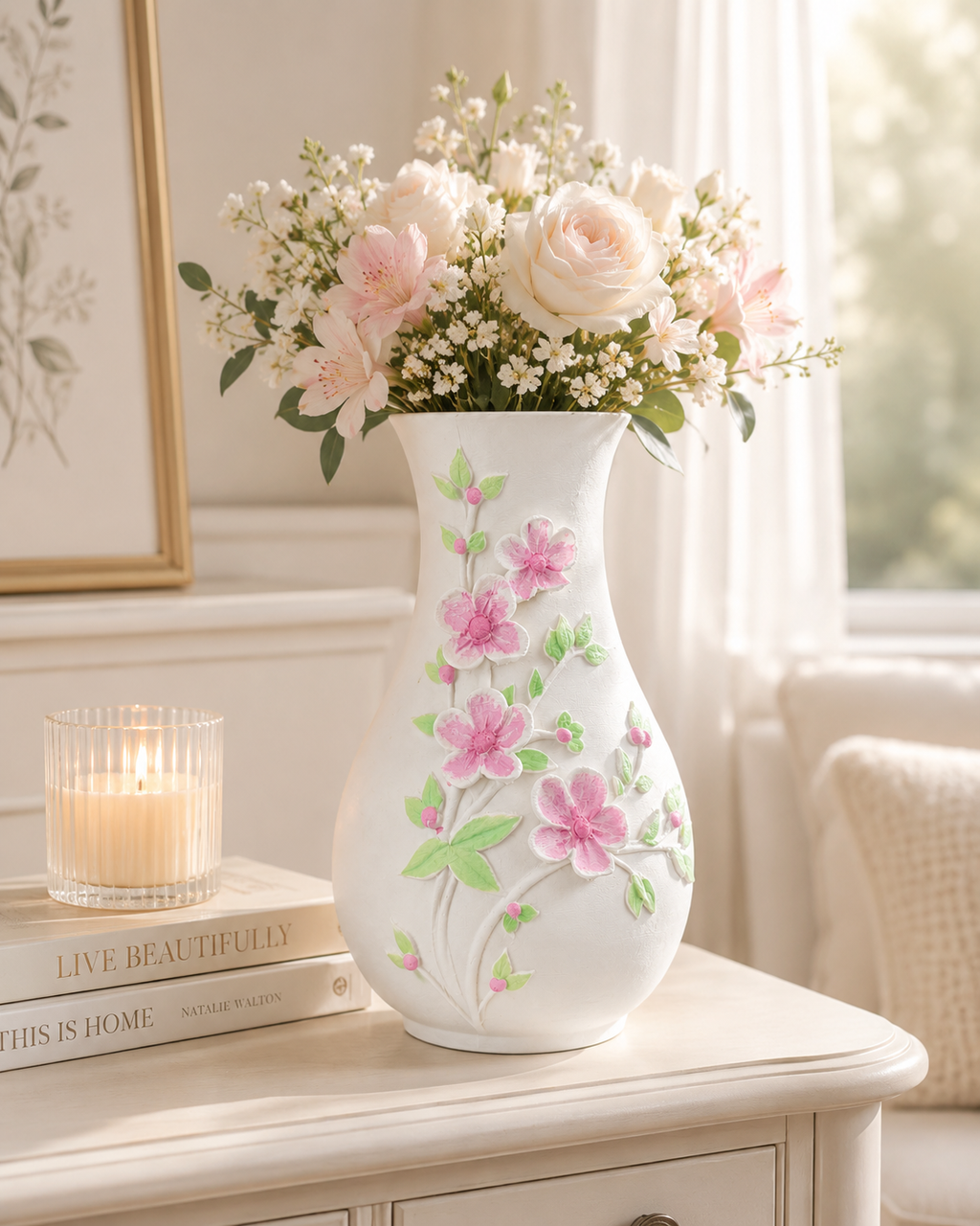White Embossed Floral Vase, Decorative Flower Vase for Living Room and Tabletop Decor