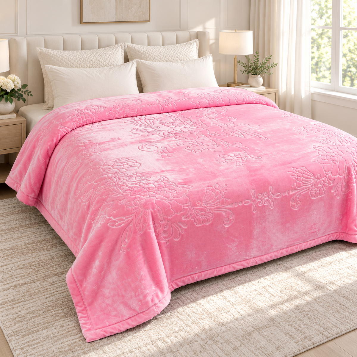 Pink King Size Plush Blanket, Super Soft 10 lb Embossed Floral Blanket