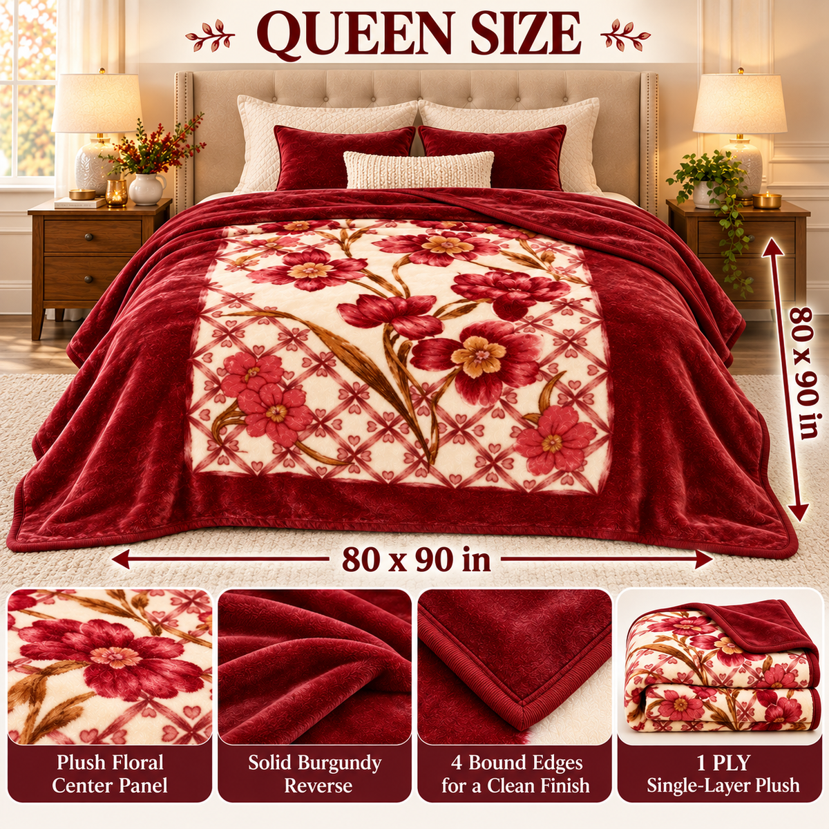 Queen Size Reversible Plush Blanket, 1 Ply Red Floral Korean Mink Raschel