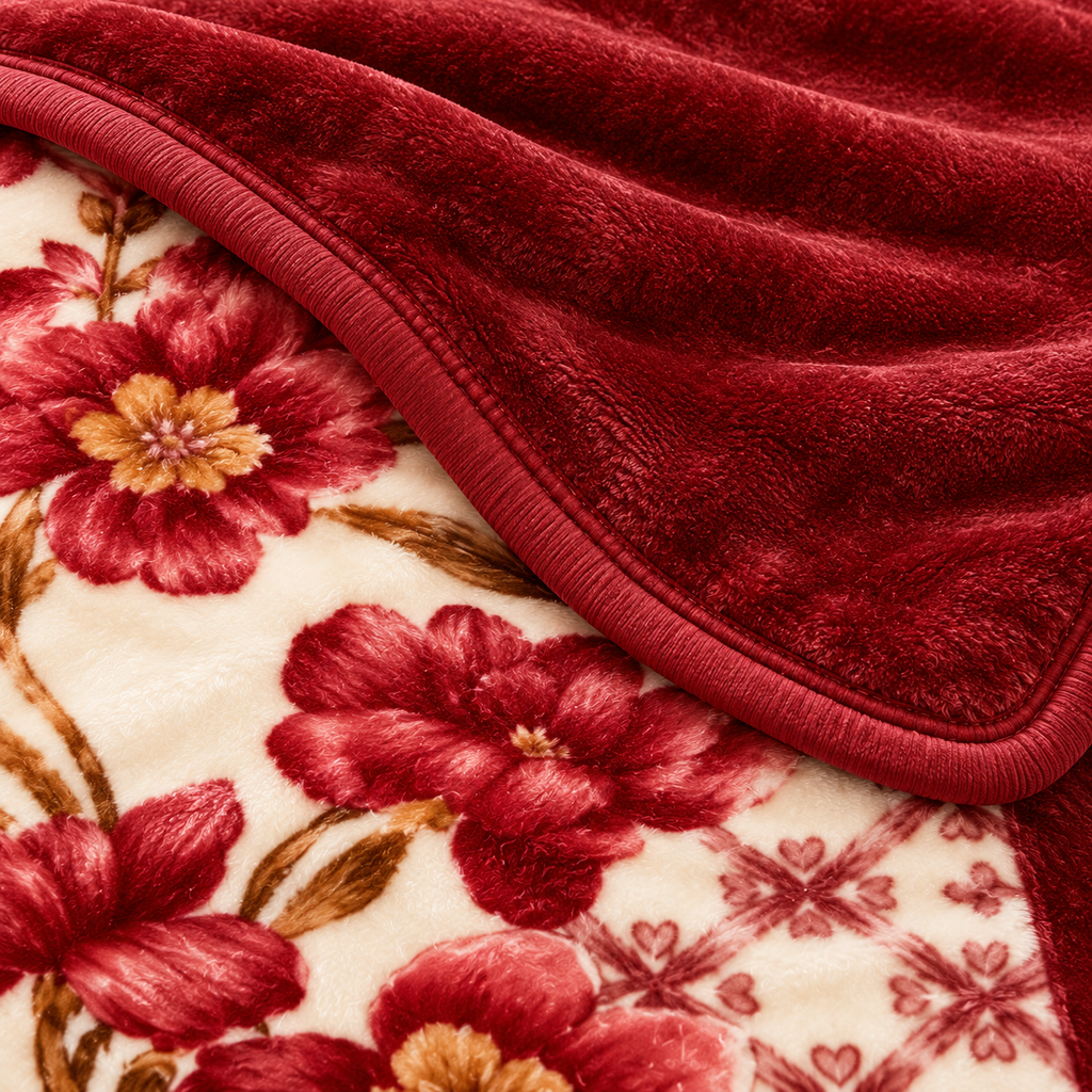 Queen Size Reversible Plush Blanket, 1 Ply Red Floral Korean Mink Raschel