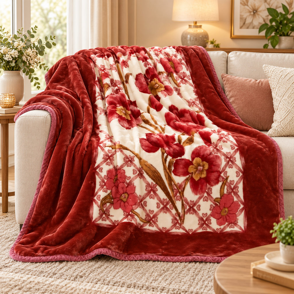 Queen Size Reversible Plush Blanket, 1 Ply Red Floral Korean Mink Raschel