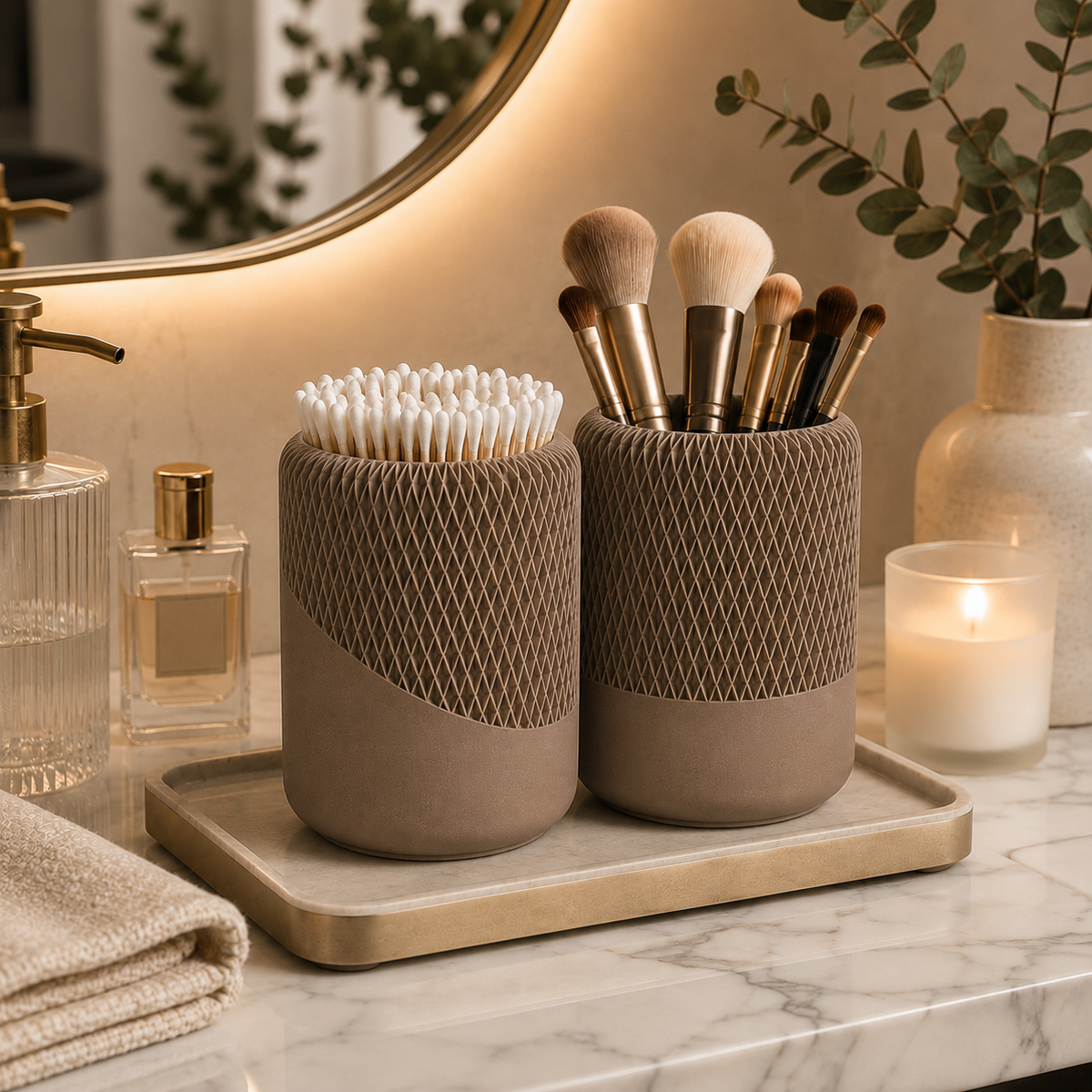 Modern Decorative Organizer Set of 2, Ribbed Vanity & Desktop Storage Cups