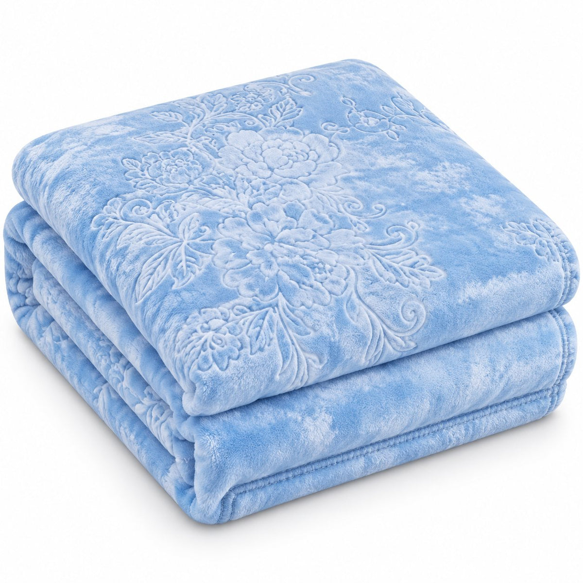 Blue embossed floral mink fleece blanket, folded on white background