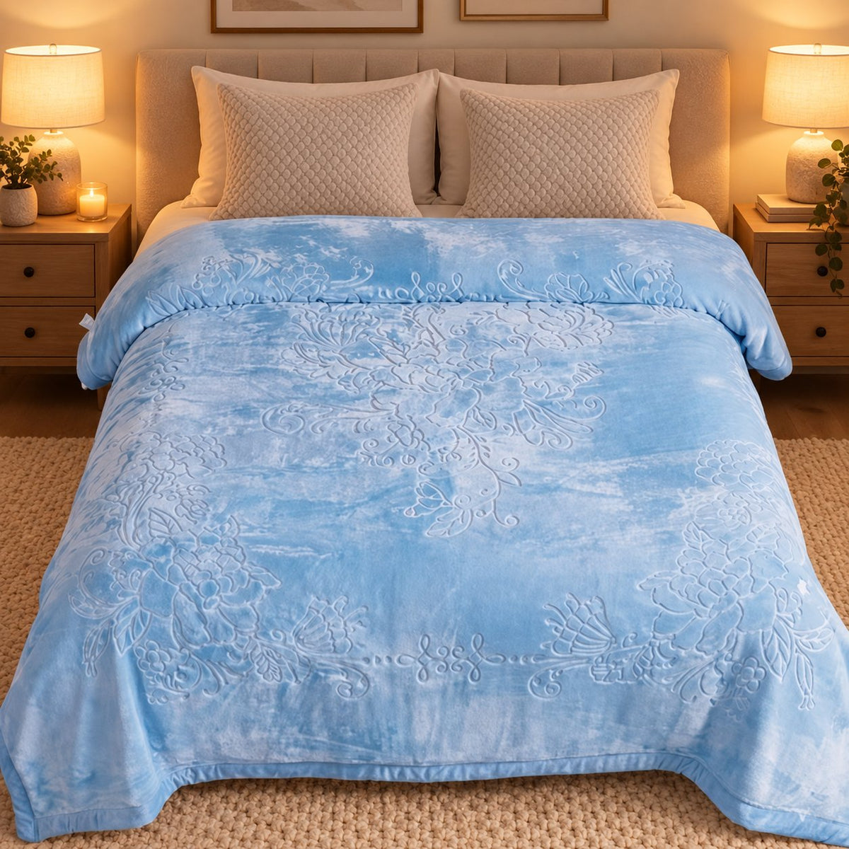 Blue embossed floral blanket draped on sofa