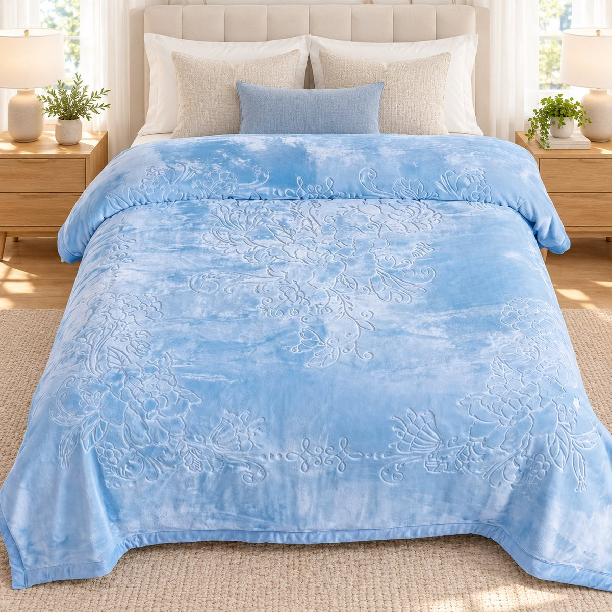 Blue embossed floral blanket on sofa by window