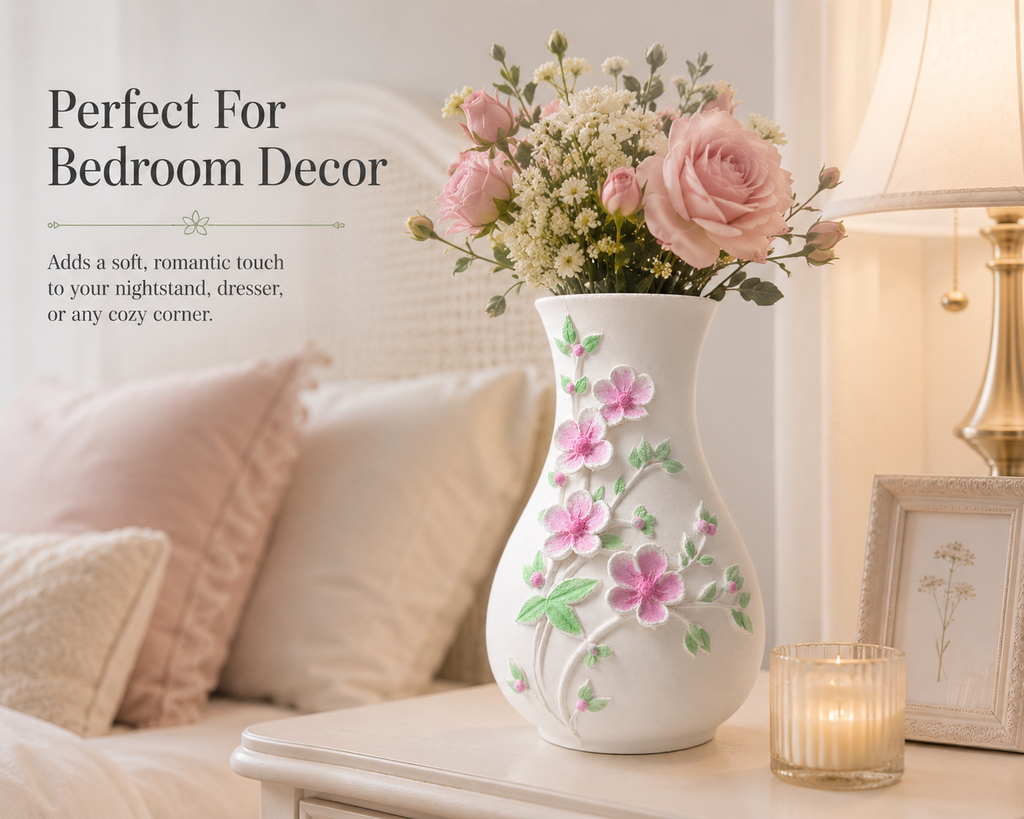 White Embossed Floral Vase, Decorative Flower Vase for Living Room and Tabletop Decor