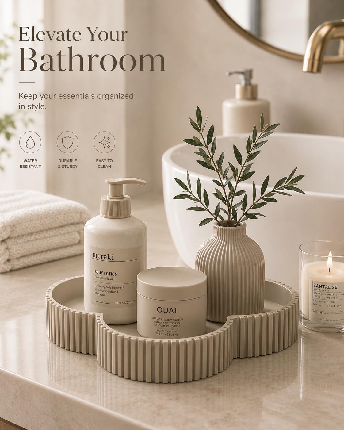 Beige clover tray on bathroom vanity with lotion and decor