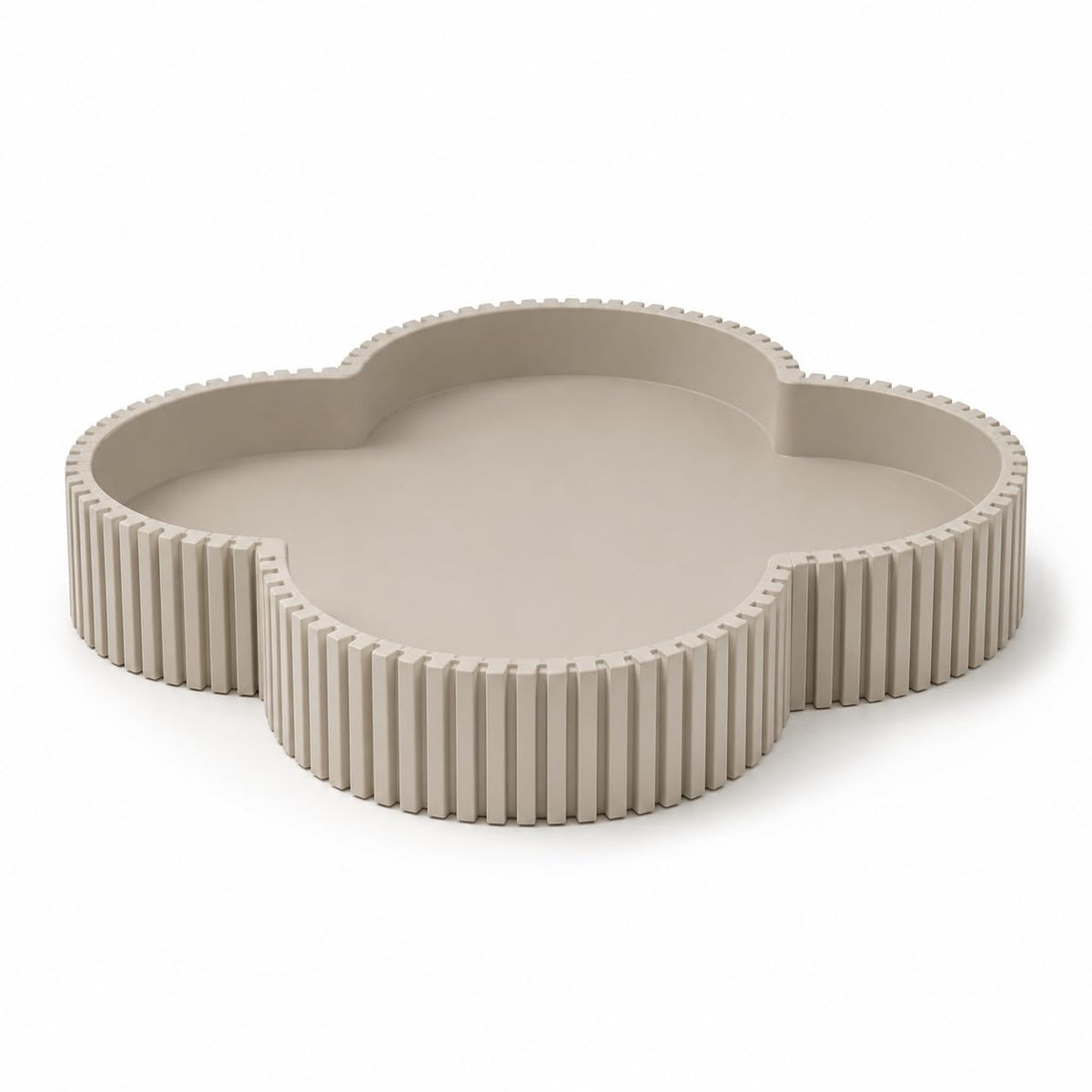 Beige clover ribbed decorative tray, front view on white background
