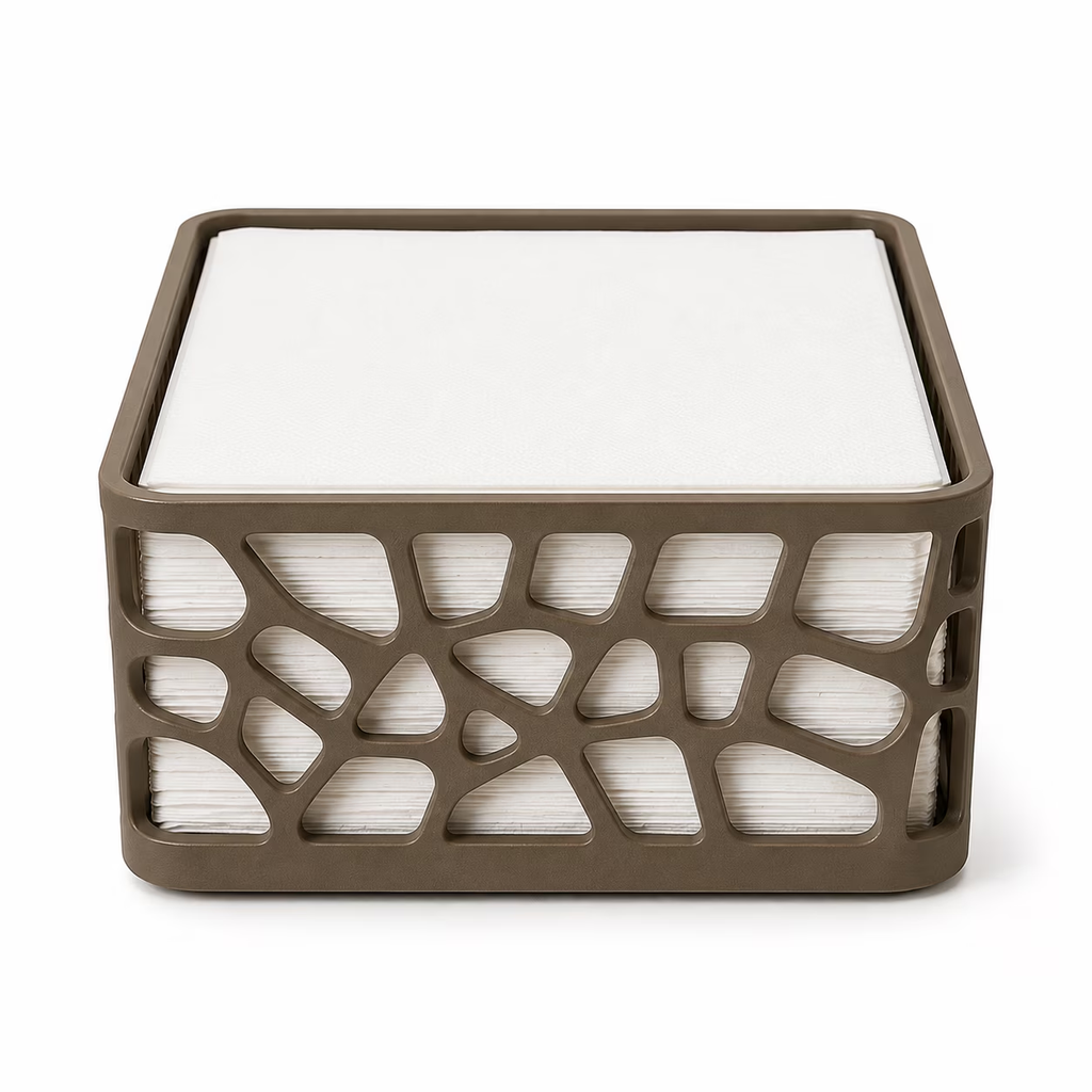 Beige modern square napkin holder with geometric cutout design