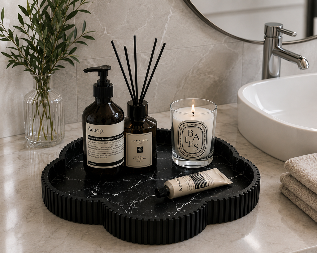 Marble White Decorative Tray, Clover Vanity Tray with Fluted Edge, Bathroom Counter Organizer for Perfume, Candles, Jewelry & Home Decor