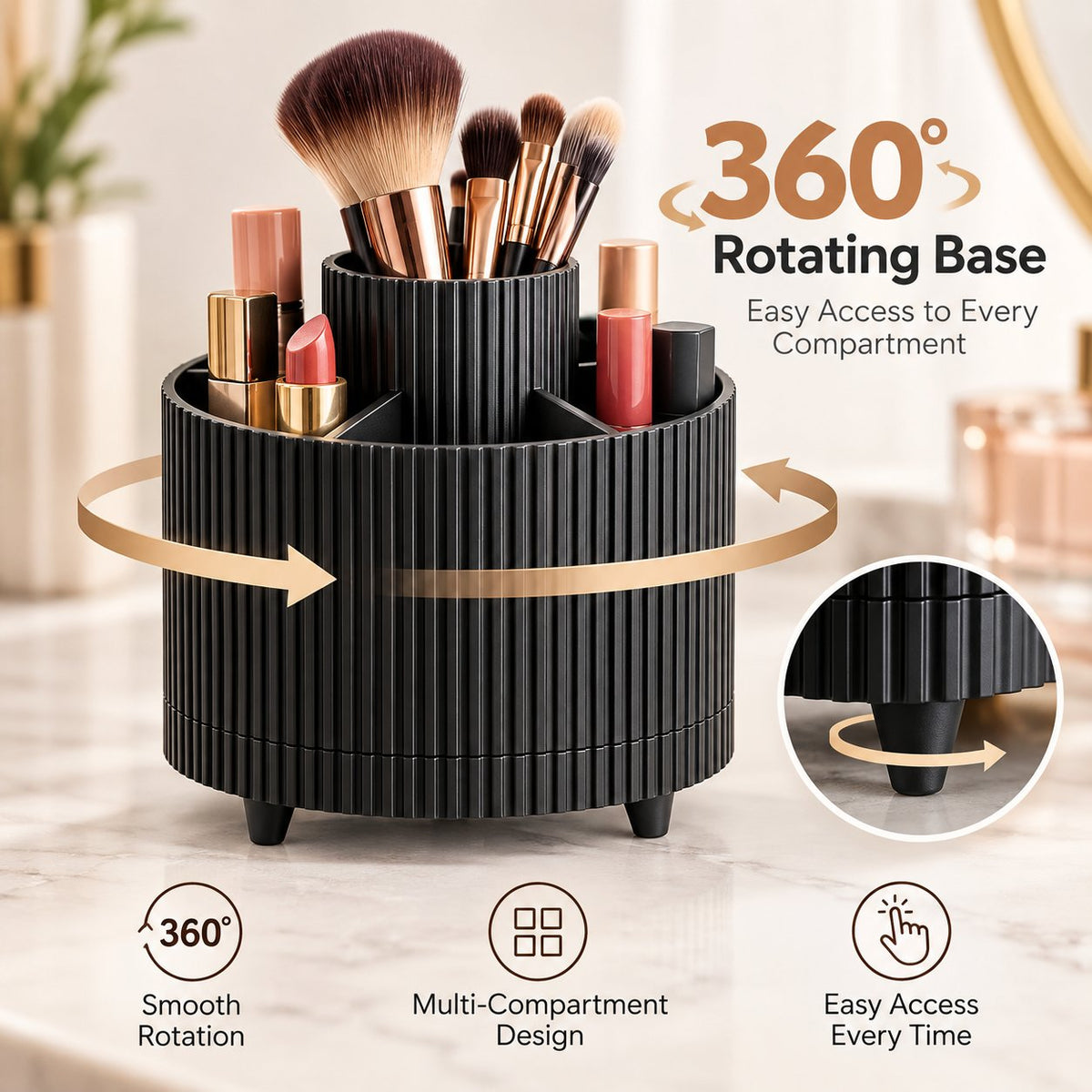 360° Rotating Makeup Organizer – 5-Compartment Spinning Desk & Vanity Storage Caddy