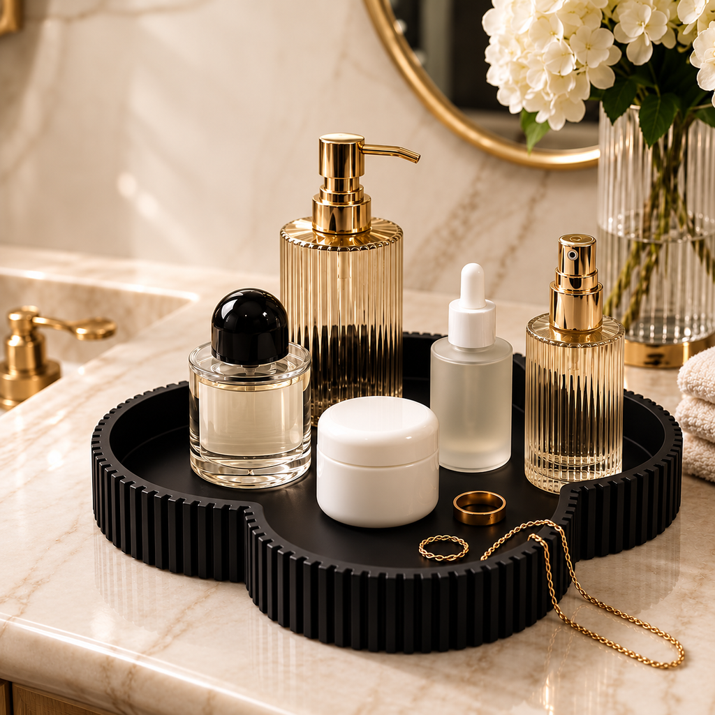 Black clover tray on bathroom counter with candle and diffuser