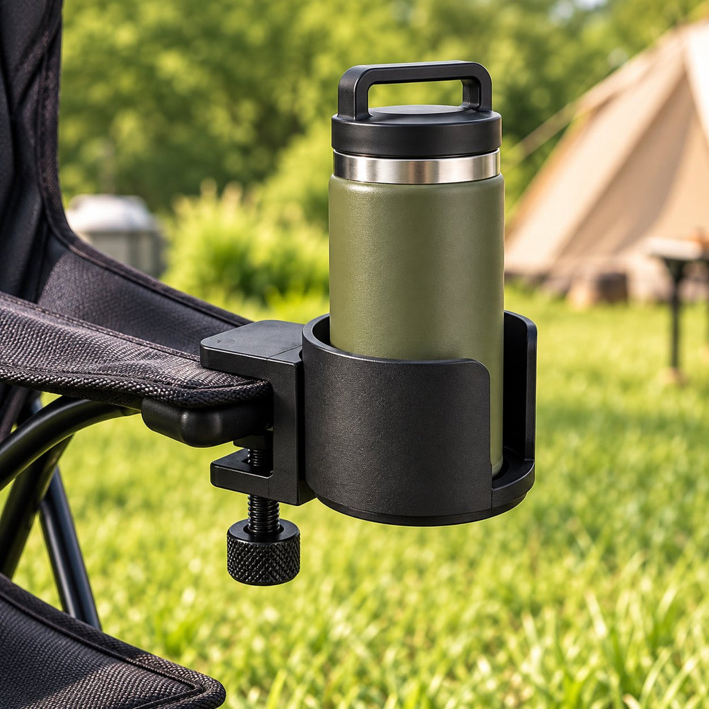 Black cup holder clamped to camping chair armrest holding bottle