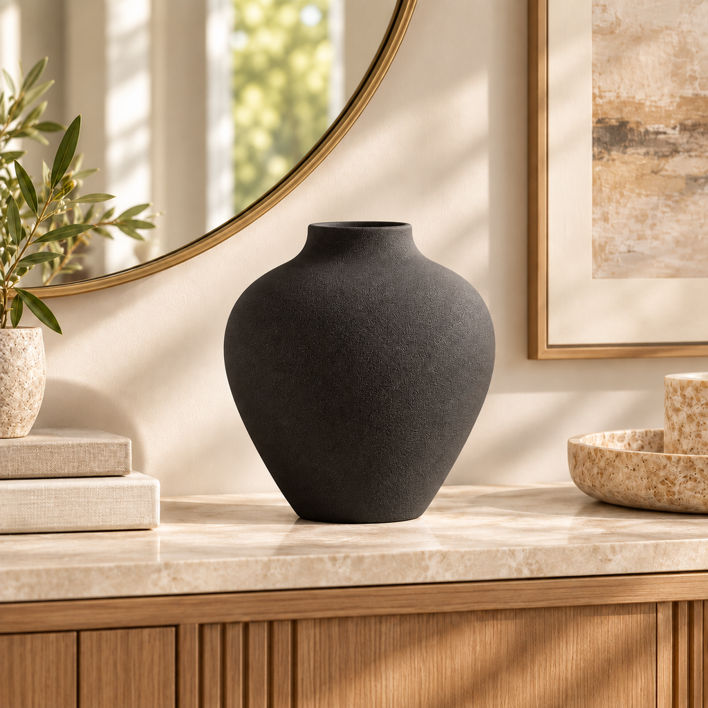 Black matte vase styled on console with mirror