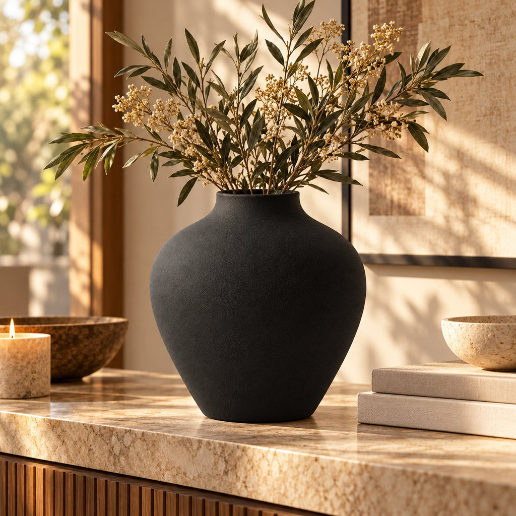 Black matte vase with dried stems on console with candle