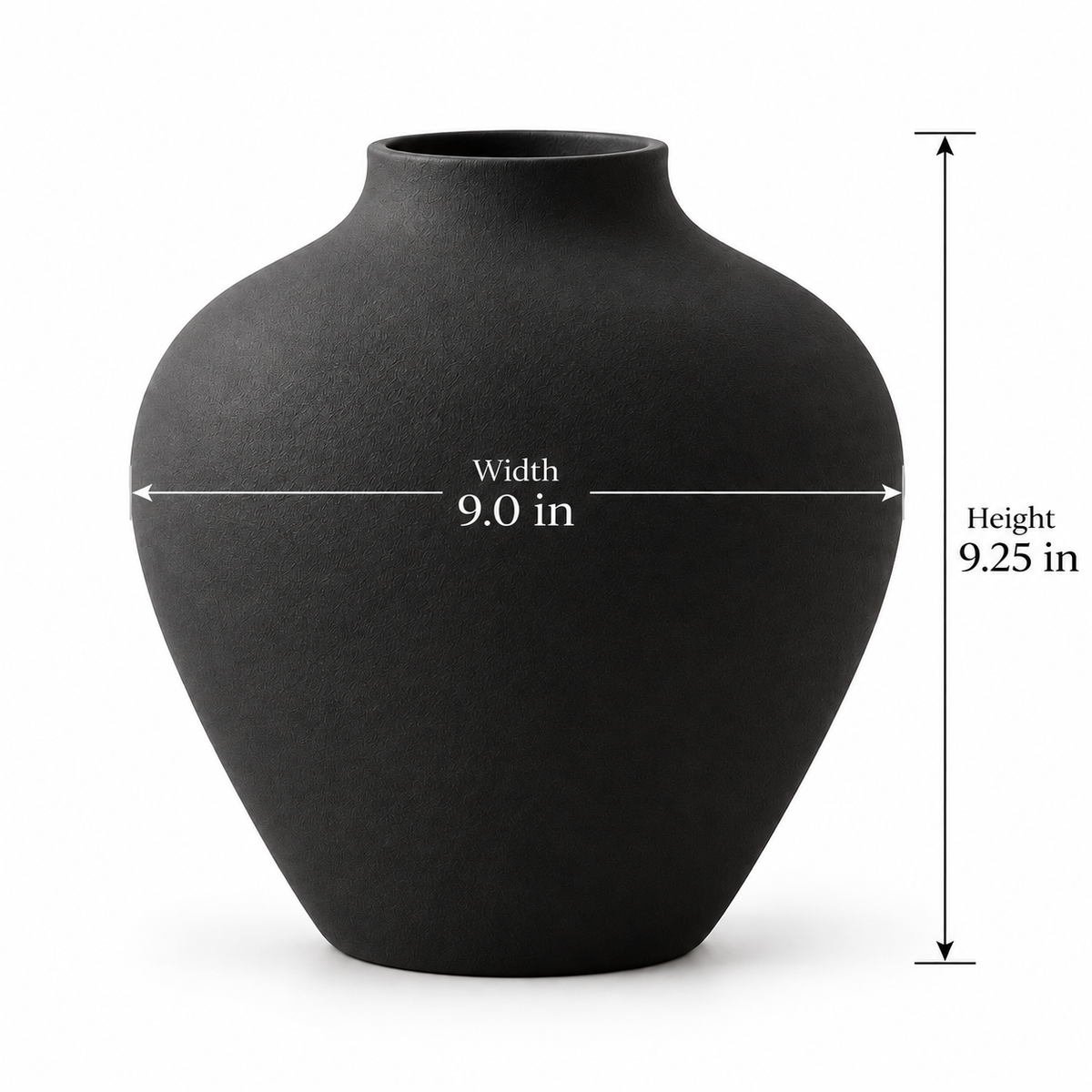 Black vase dimensions: 9 inches wide, 9.25 inches tall