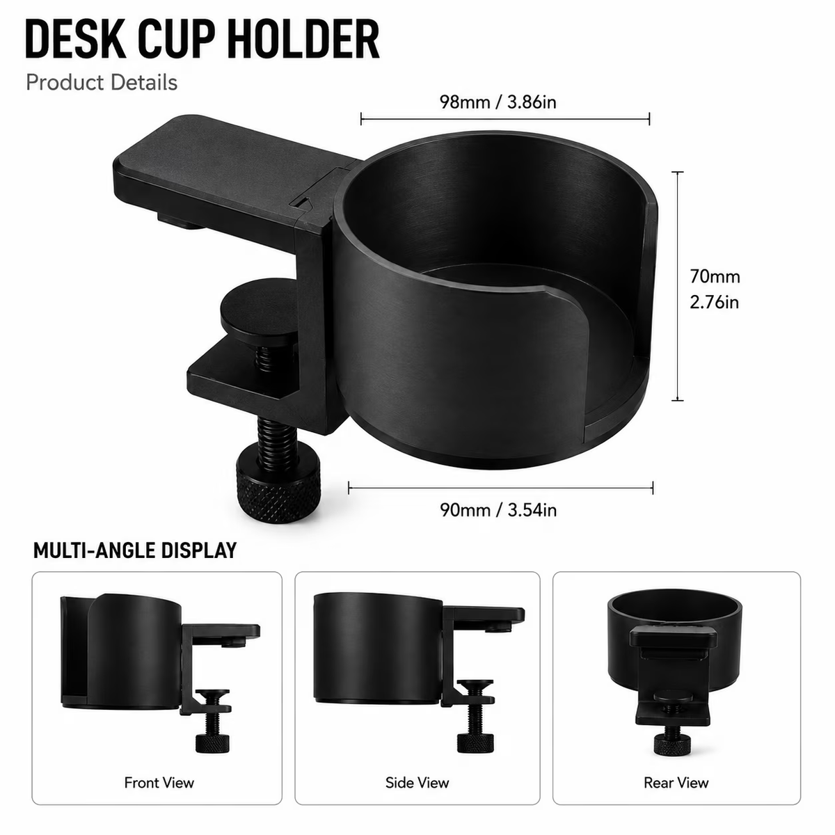 Black desk cup holder product details and dimensions