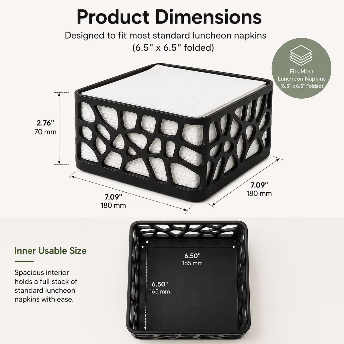 Napkin holder product dimensions and inner usable size infographic
