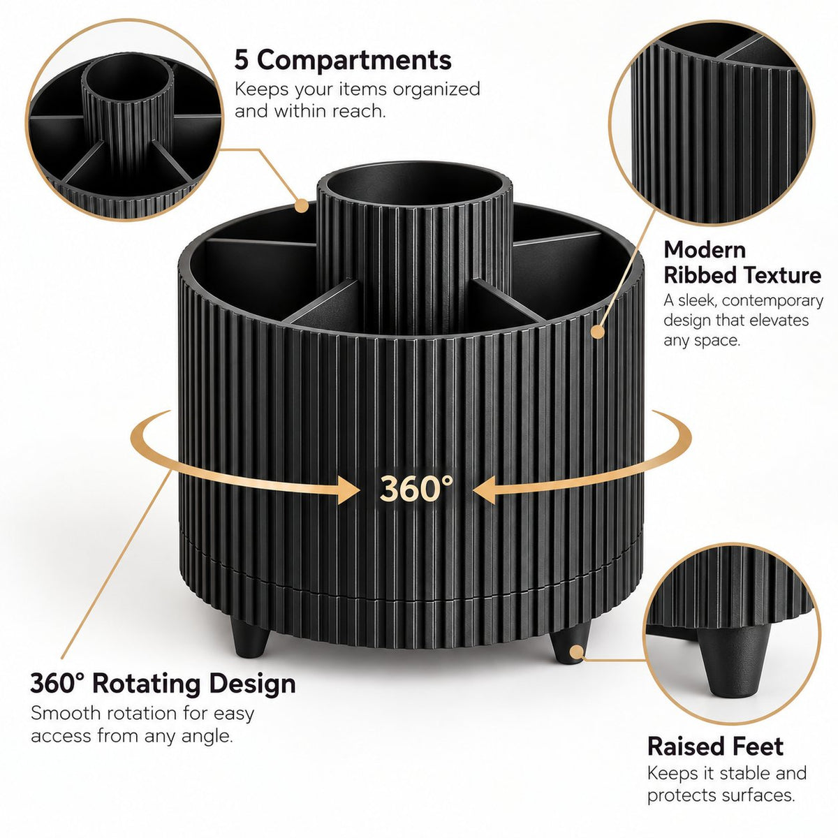360° Rotating Makeup Organizer – 5-Compartment Spinning Desk & Vanity Storage Caddy