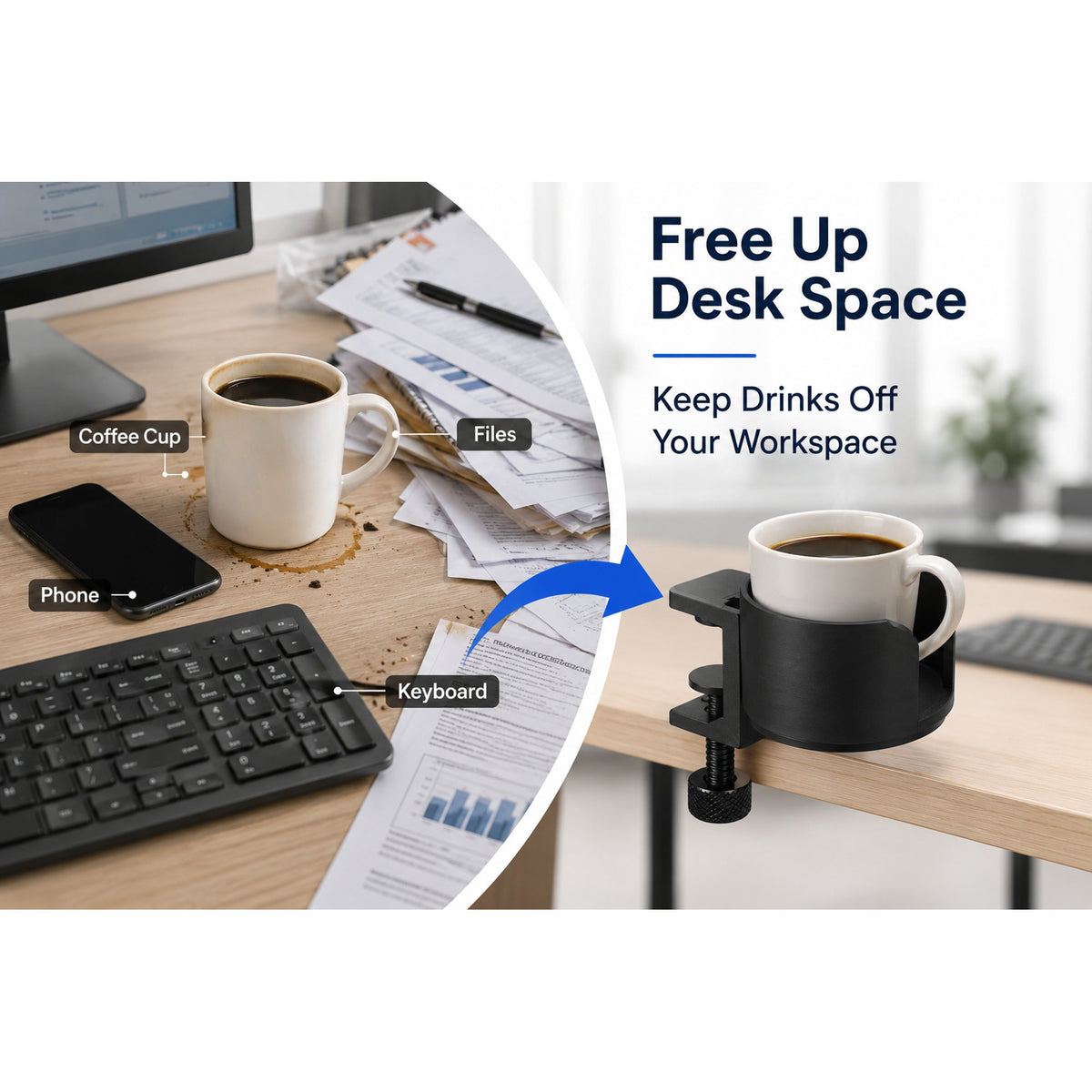 Free up desk space - keep drinks off your workspace infographic