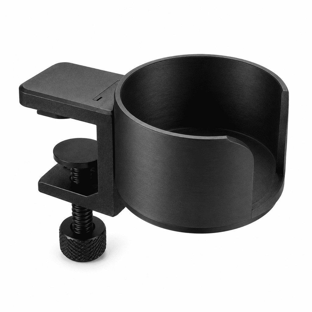 Black desk cup holder with clamp, front view on white background