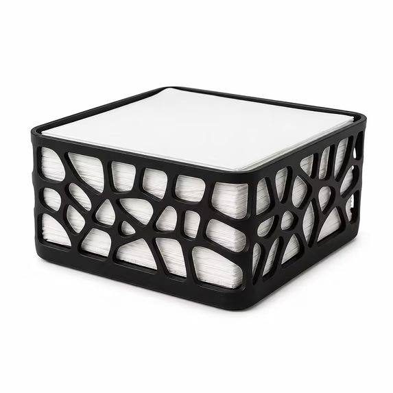 Matte black modern square napkin holder with geometric cutout design