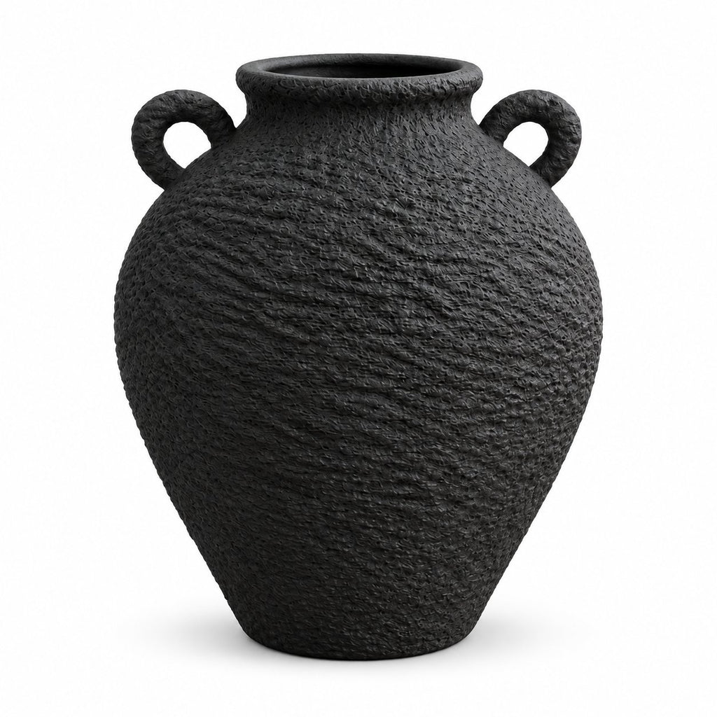 Black textured vase with handles, front view