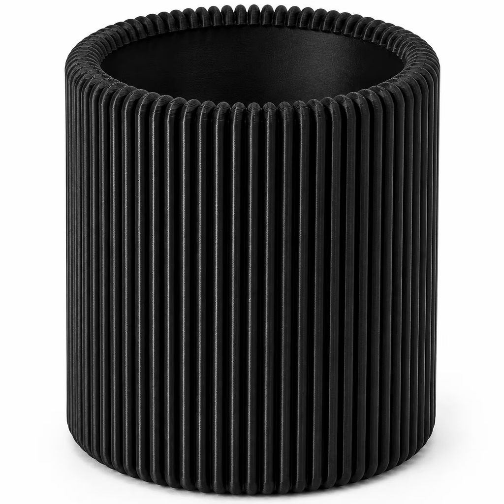 Black modern ribbed pencil holder, front view on white background