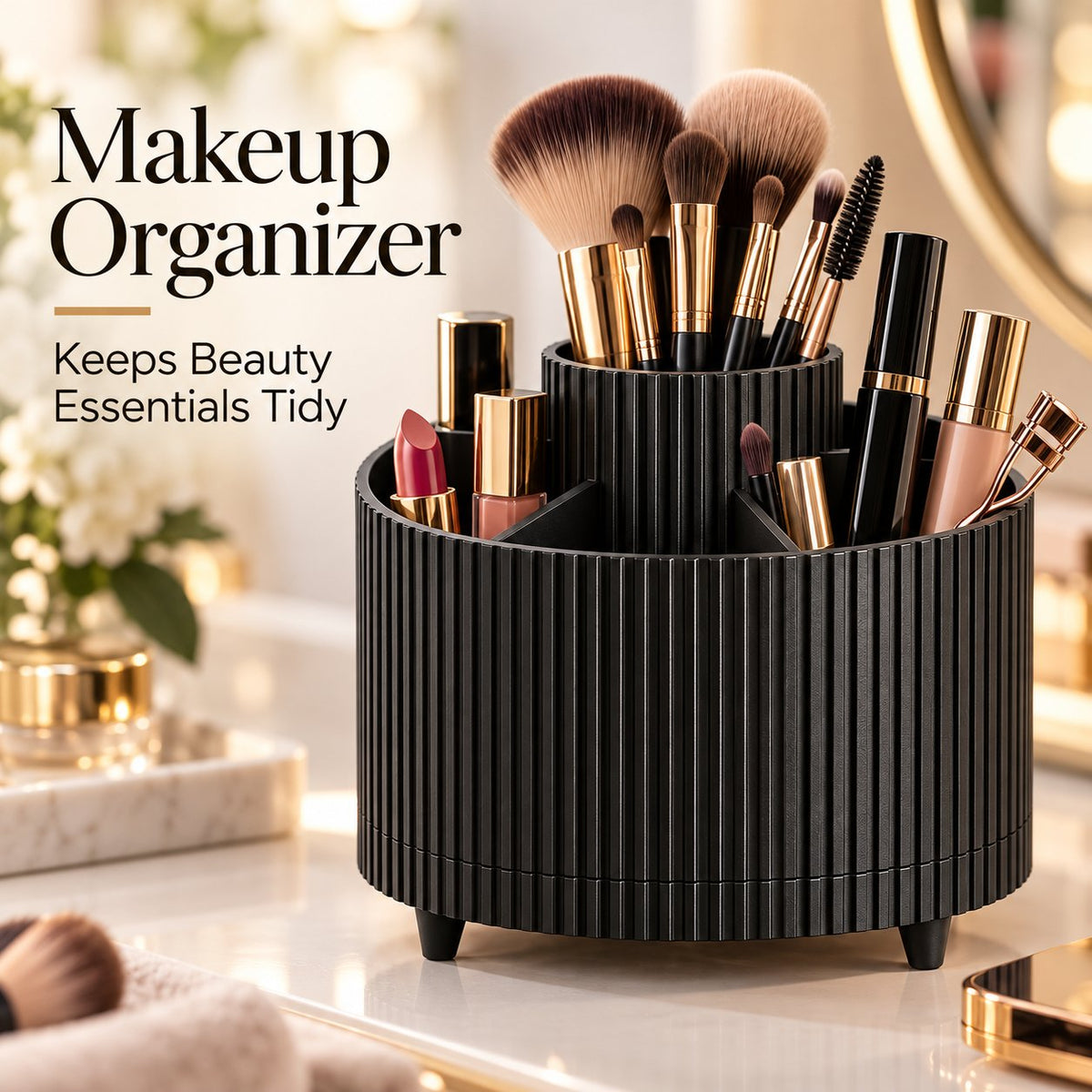 360° Rotating Makeup Organizer – 5-Compartment Spinning Desk & Vanity Storage Caddy