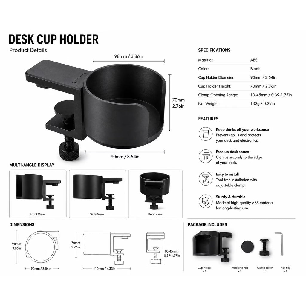Desk cup holder specifications, features, and package includes