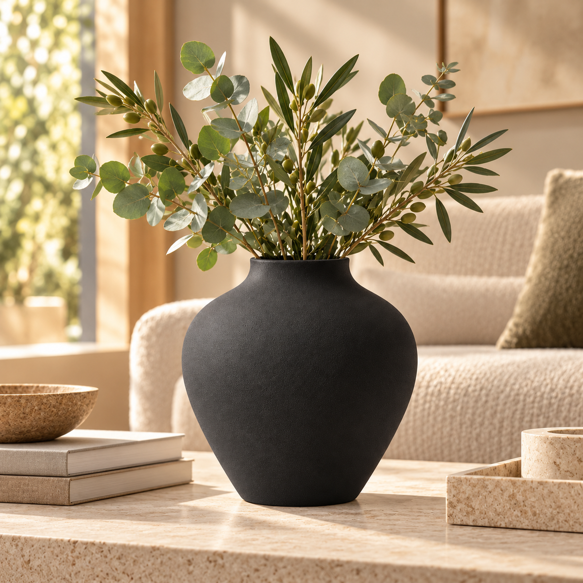 Black matte vase with eucalyptus and olive branches on table