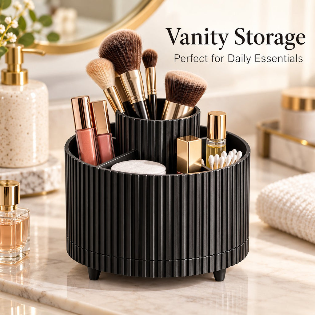 360° Rotating Makeup Organizer – 5-Compartment Spinning Desk & Vanity Storage Caddy