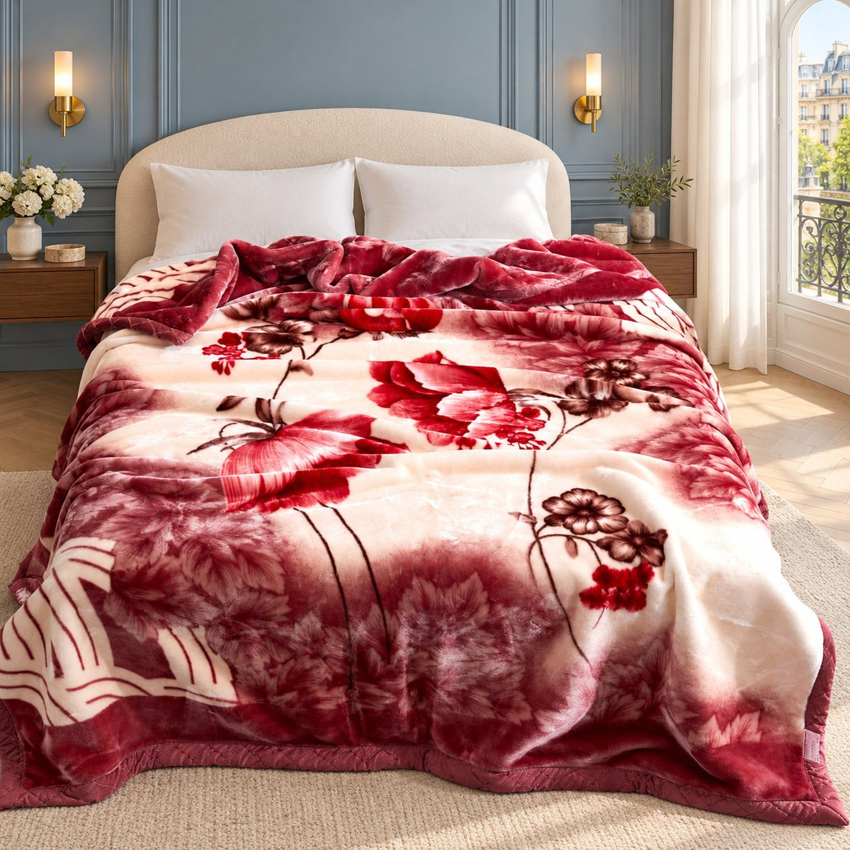 Red floral king mink blanket on a bed in a blue bedroom