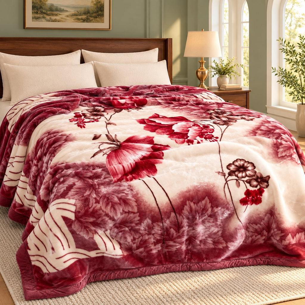 Red floral mink blanket on a bed in a green bedroom