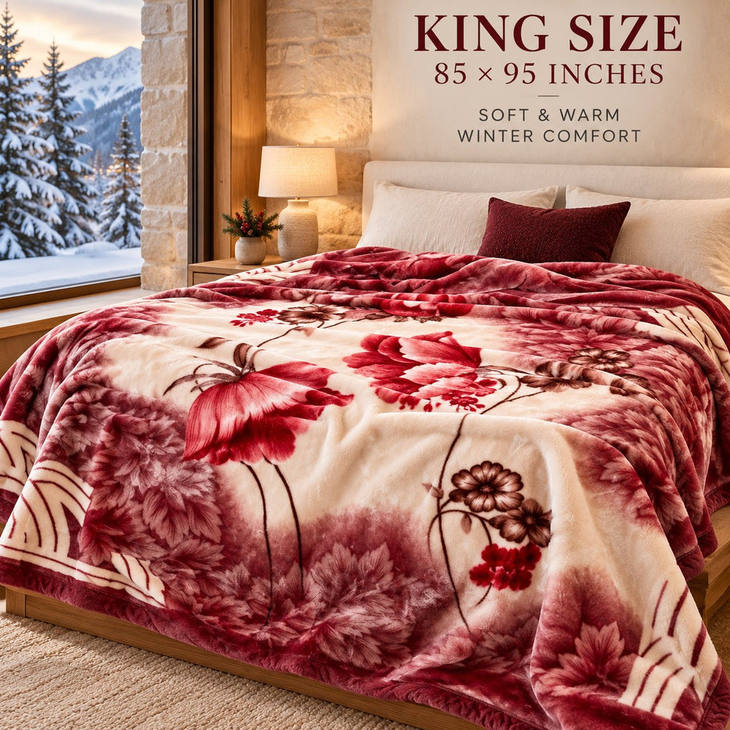 King size red floral mink blanket on a bed in a winter bedroom