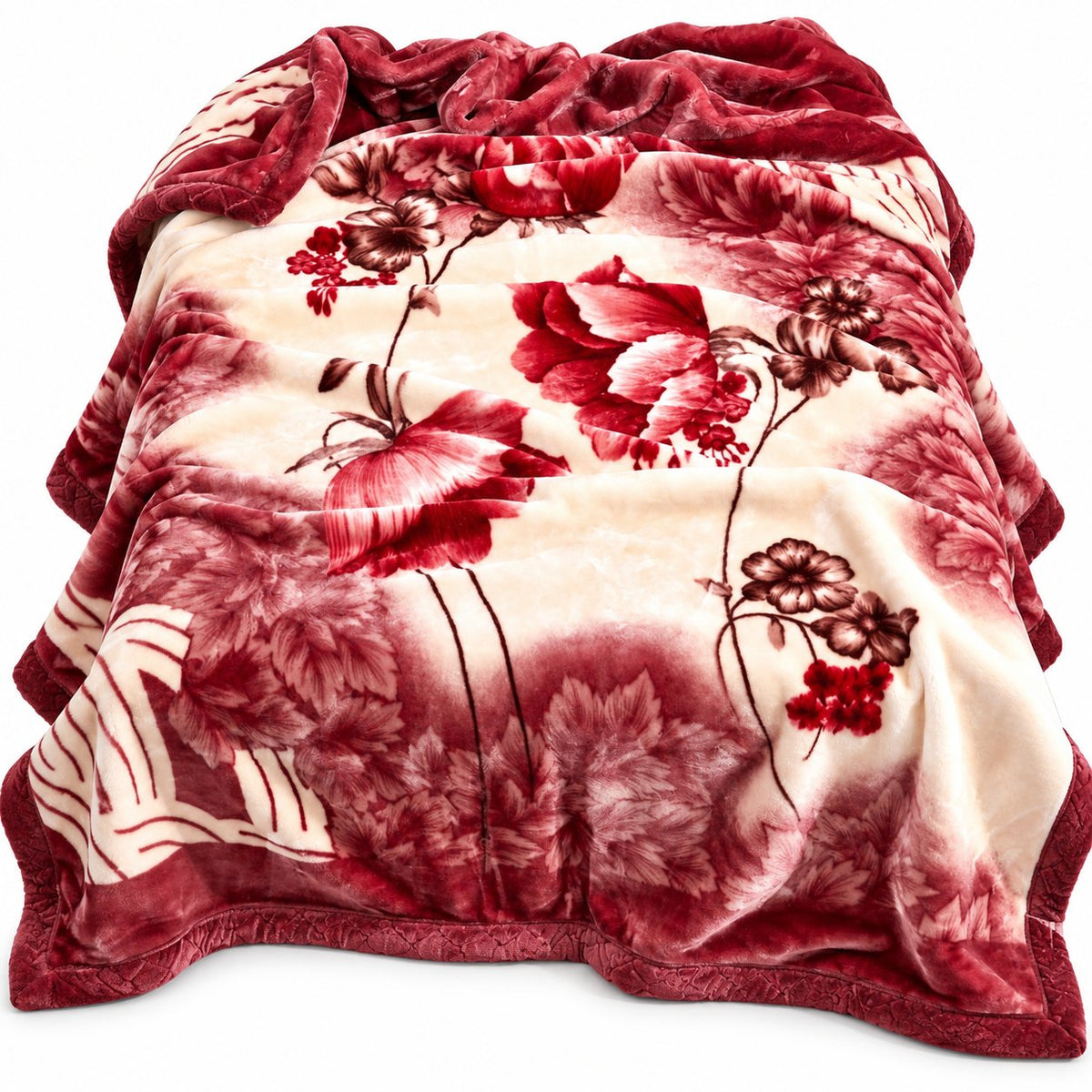 Red floral Korean mink fleece blanket king size, folded on white background