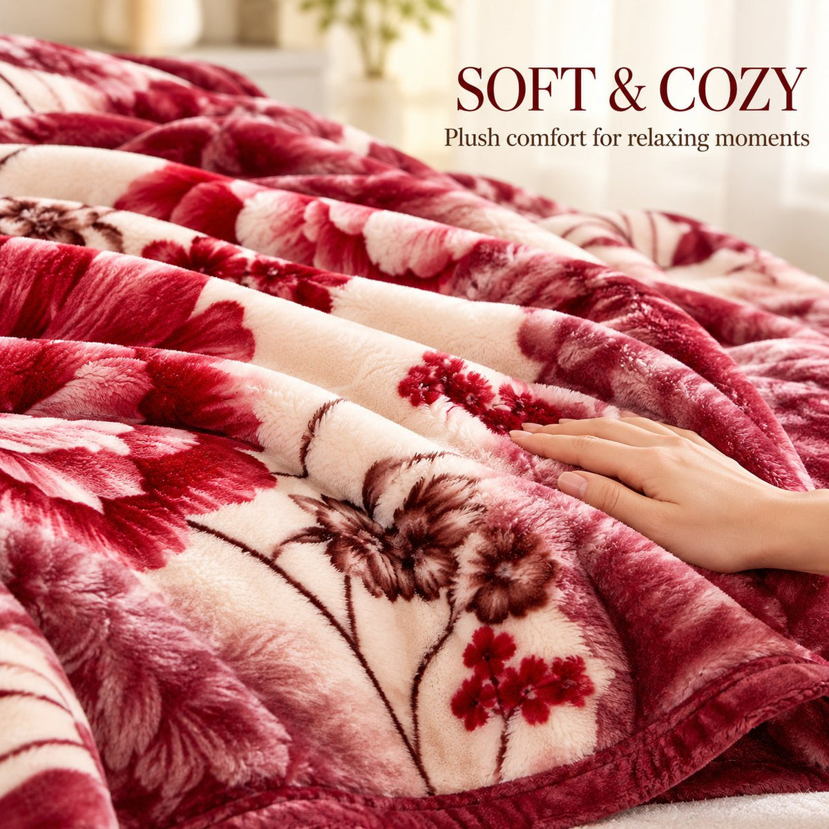 Hand touching soft plush red floral mink fleece blanket