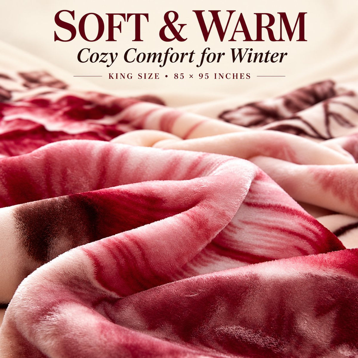 Close-up of plush red floral mink fleece texture, king 85 x 95 inches