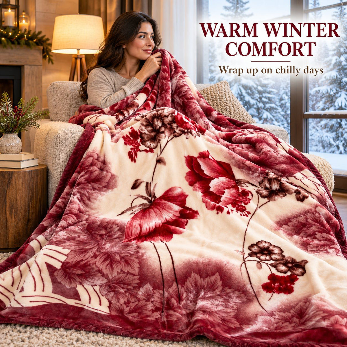 Woman wrapped in a warm red floral mink blanket on a sofa