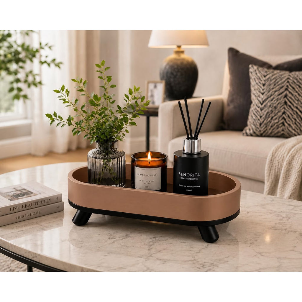 Down to earth oval tray on coffee table with vase and candle