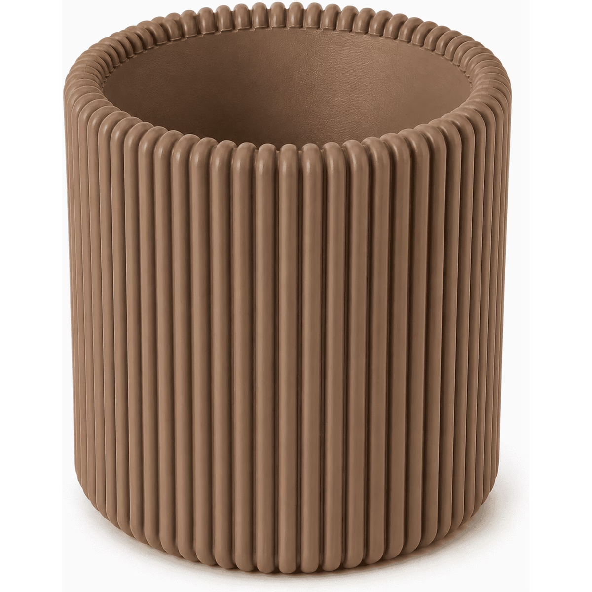 Down to earth brown modern ribbed pencil holder, front view on white background