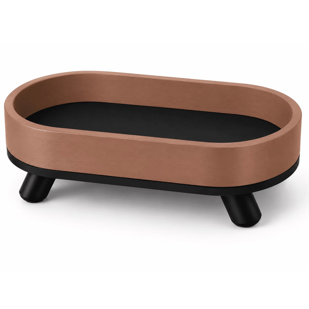 Down to earth brown oval decorative tray with feet, front view