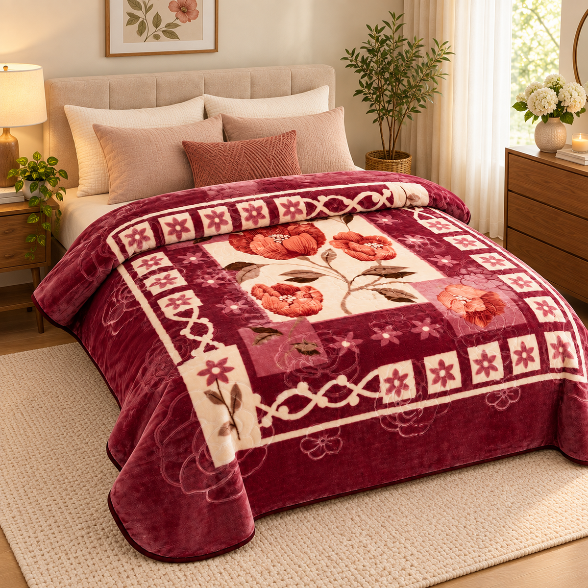 Queen Size Reversible Plush Blanket, 1 Ply Burgundy Floral Korean Mink Raschel