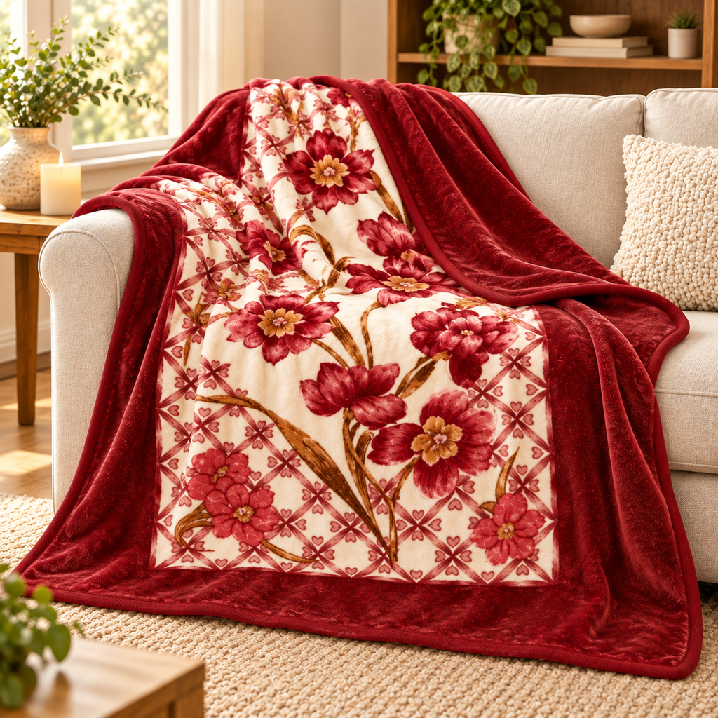 Queen Size Reversible Plush Blanket, 1 Ply Red Floral Korean Mink Raschel